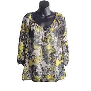Liz Claiborne Blouse Women's Floral Print 3/4 Sleeve Round Neck Lined Size PL